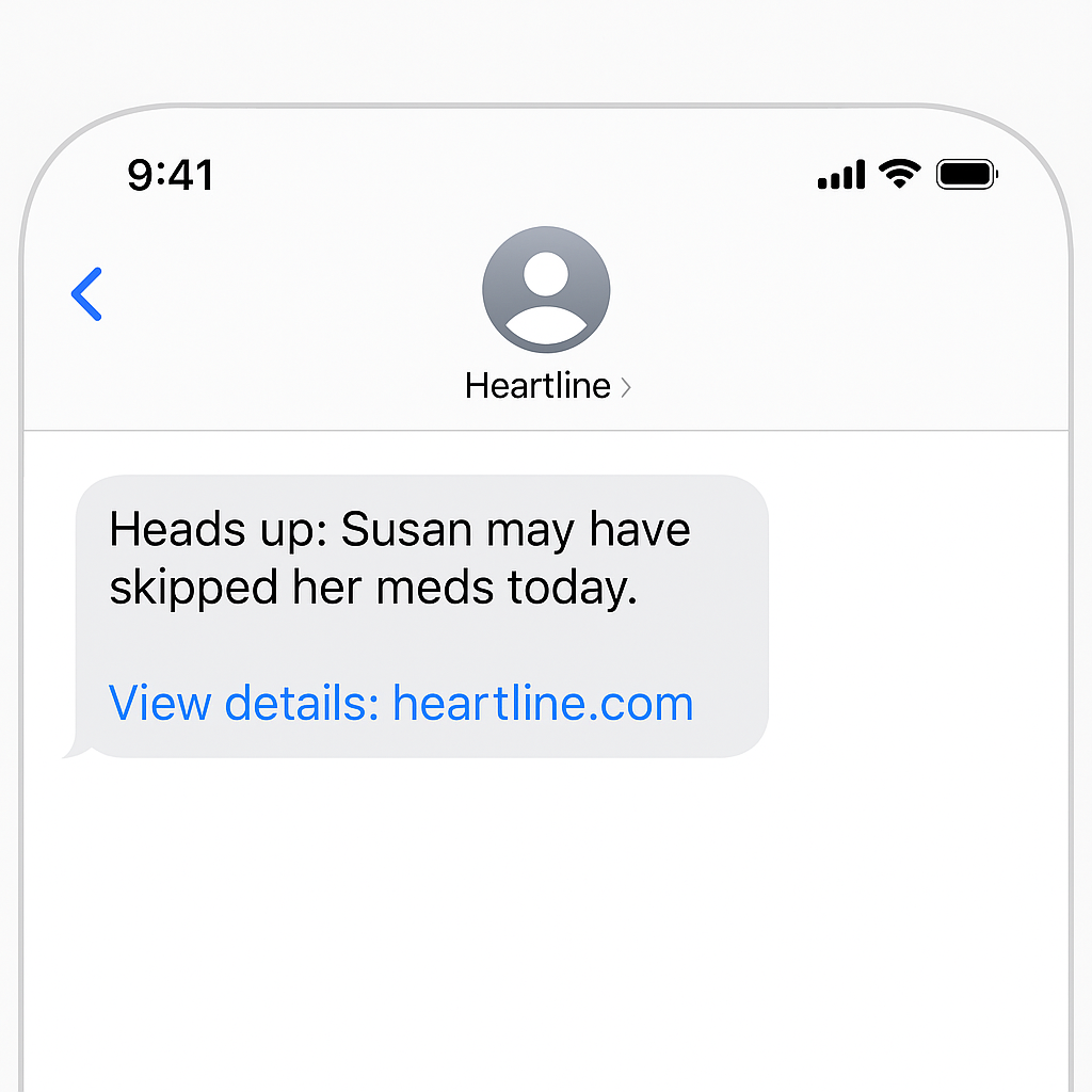SMS alert from Heartline showing Susan may have skipped her medications