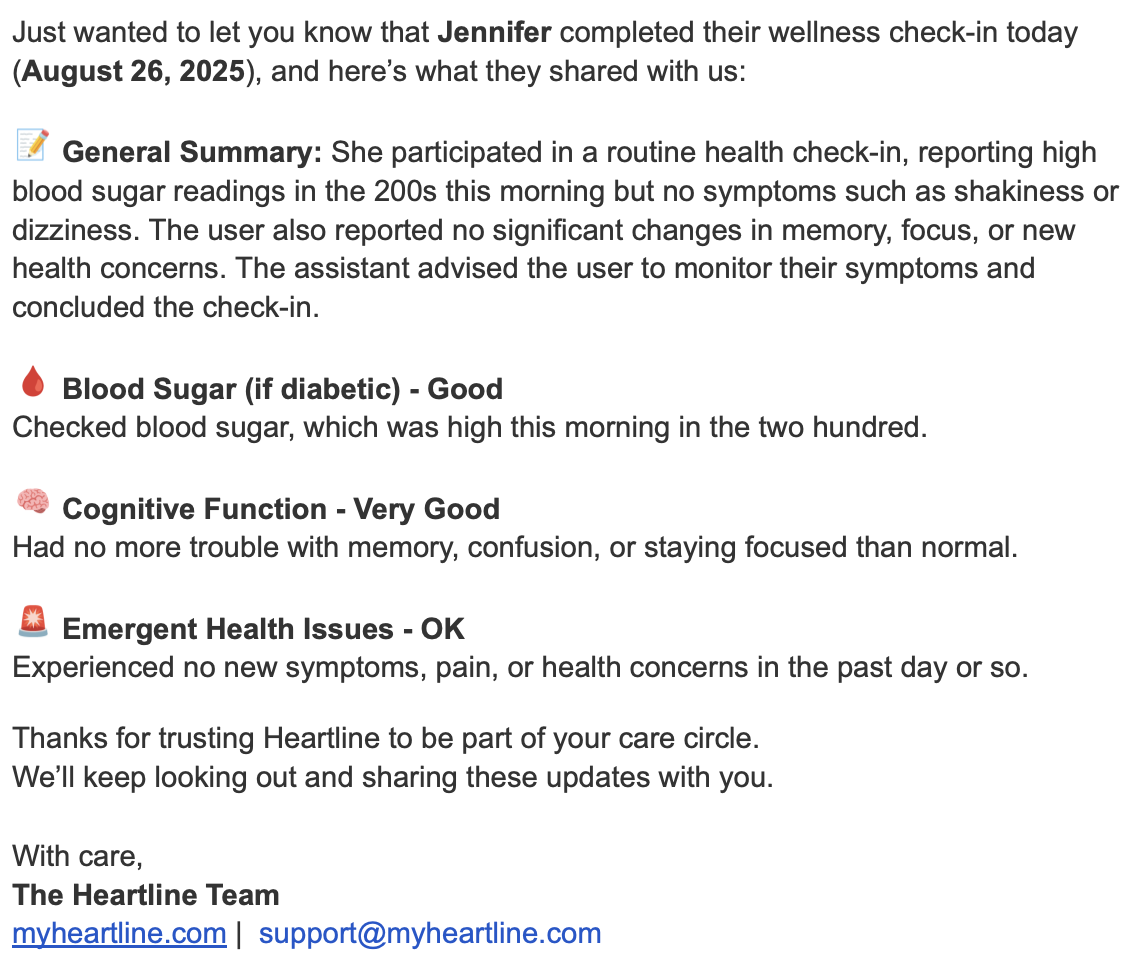 Sample Heartline email report showing Barbara's wellness check-in with health status, blood sugar readings, medications, and daily summary