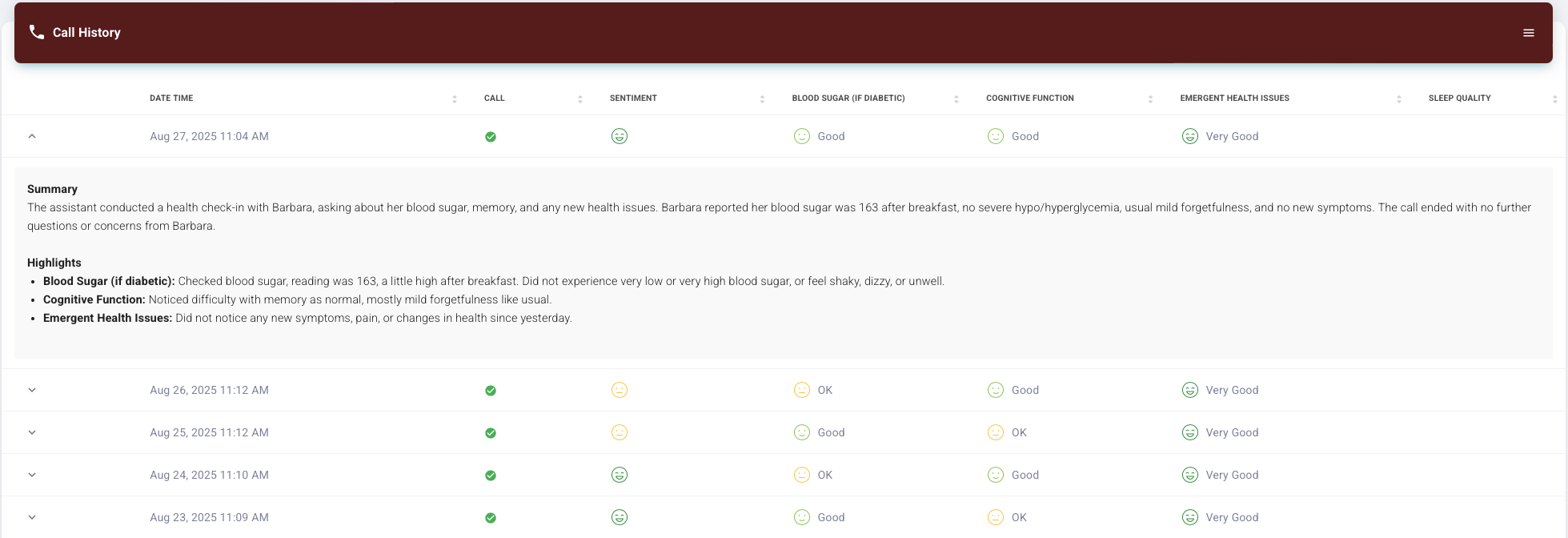 Heartline call history interface showing wellness check-in calls with Barbara, blood sugar readings, and health status
