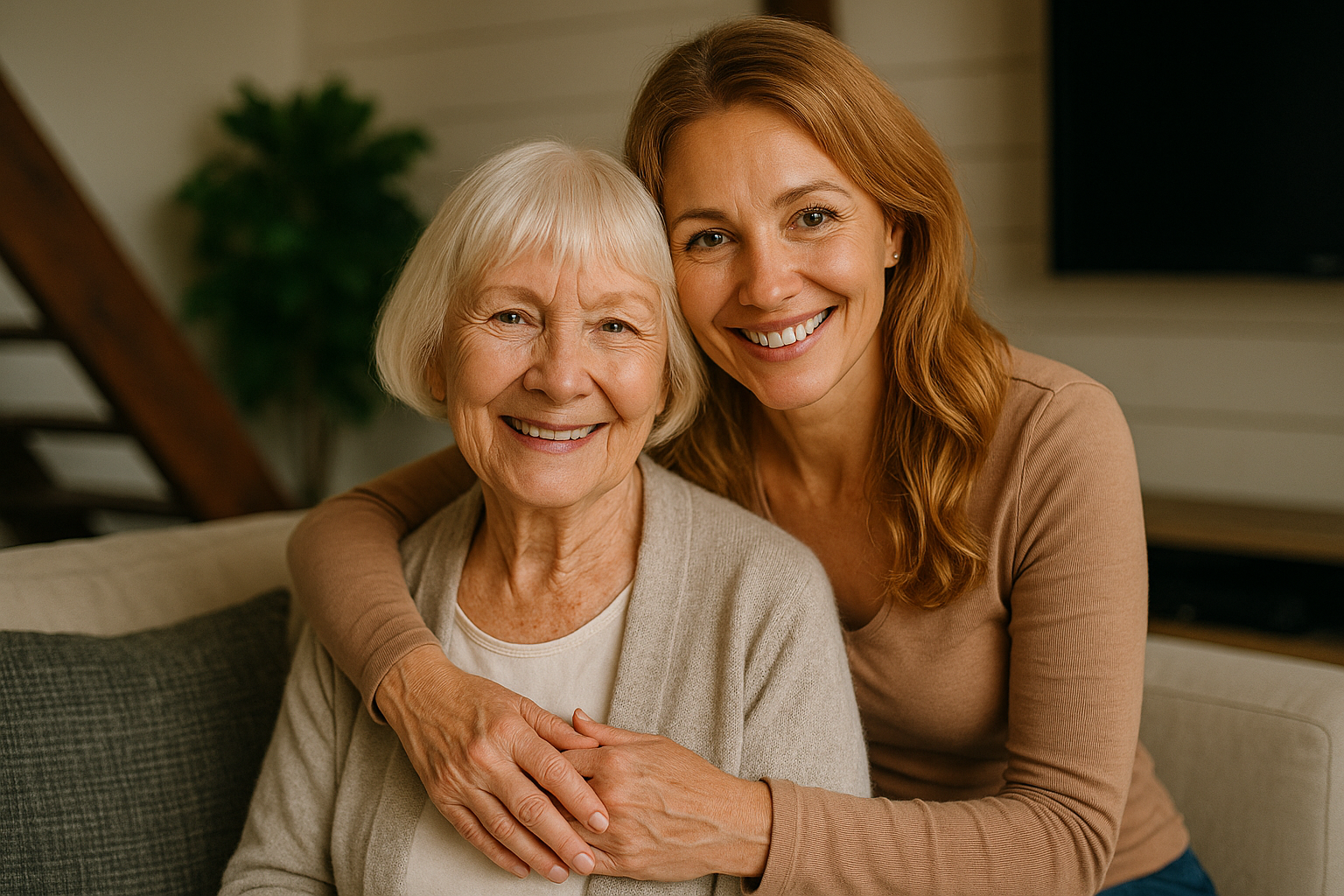 Caregiver using AI smart assistant and home health monitoring technology to care for elderly parent